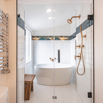 Bathroom remodeling in Arlington, VA with double vanity & corner bathtub