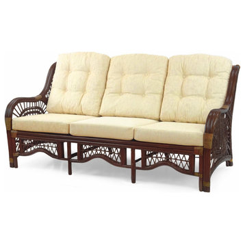 Malibu Handmade 3-Seater Sofa Natural Rattan Wicker, Dark Brown, Cream Cushion