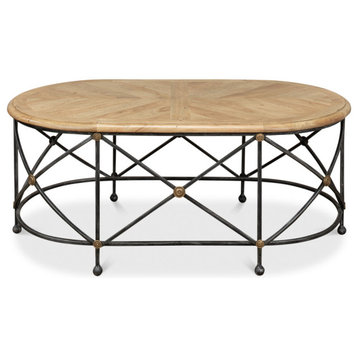 Drum & Fife Oval Coffee Table Parquet Top Reclaimed Iron