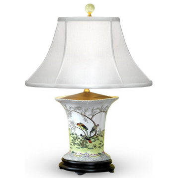 Scalloped Oval Vase Lamp With Birds in Trees