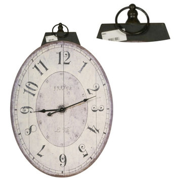 Distressed Oval Shape Wooden Wall Clock With Ring Hanger,  White And Black
