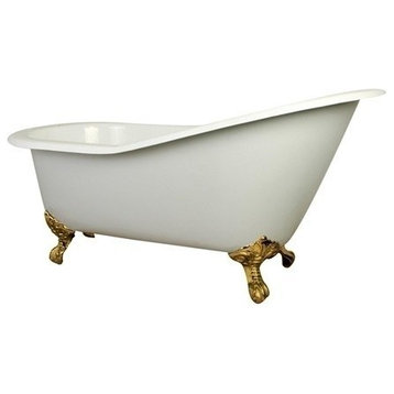 61" Slipper Clawfoot Tub w/7" Faucet Drillings and Feet, White/Polished Brass