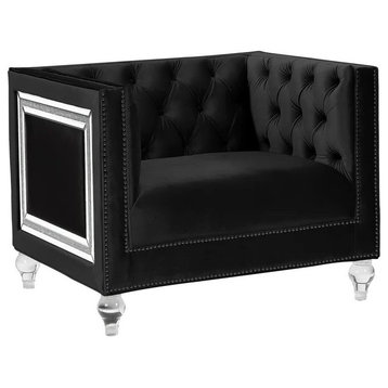 Elegant Accent Chair, Velvet Seat With Mirrored Accents and Acrylic Legs, Black