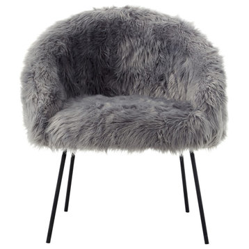 Connor Faux Fur Accent Chair, Black Powder Coated Metal Leg, Gray