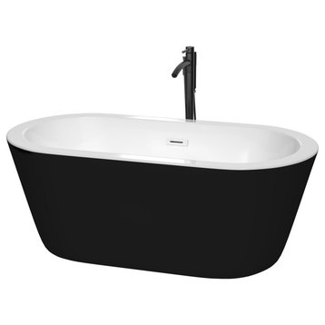 60"Freestanding Tub Black, WH Interior, WH Trim, Floor Mounted Faucet Black
