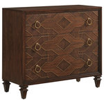 Lexington - Woodland Drawer Hall Chest - The Woodland hall chest is a signature design in the collection. An architectural pattern of nailhead trim highlights the drawer fronts, framing custom pendant hardware. Notice how the Walnut veneer direction is flipped to match the design, creating natural color variations as the light hits the front of the piece.