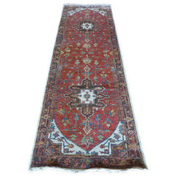 3x10 Runner Hand Knotted Rust Red Antiqued Serapi Heriz Oriental Rug