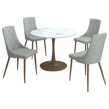 5-Piece Dining Set, Faux Marble and Gold Table With Light Gray Chair