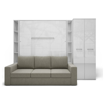 Wall Bed With Sofa, 2 Cabinets, Wardrobe, Queen, White/White/Beige