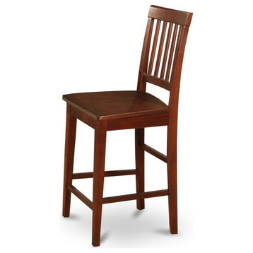 Set of 2 Classic Counter Stool, Wooden Seat With Slatted Backrest, Mahogany