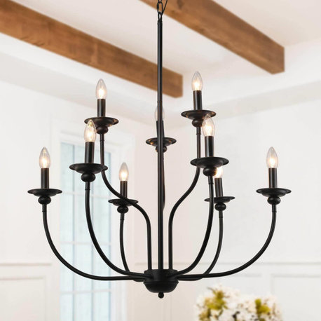 LALUZ 2-Tier Black Modern Farmhouse Candle-Style Chandeliers, 9-Light