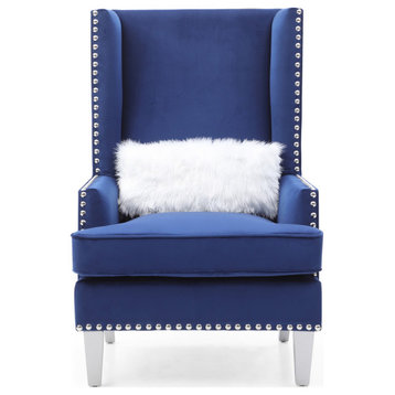 Wilshire Blue High back Velvet Accent Chair With Faux Fur Pillow