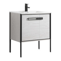 Fine Fixtures - Oakville Bath Vanity, Ceramic Sink, Mild Grey Oak, 30 Inch, Black Hardware - Bathroom Vanities And Sink Consoles