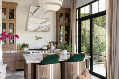 Home studio - mid-sized french country freestanding desk ceramic tile, exposed beam and wallpaper home studio idea in Phoenix with white walls and a standard fireplace