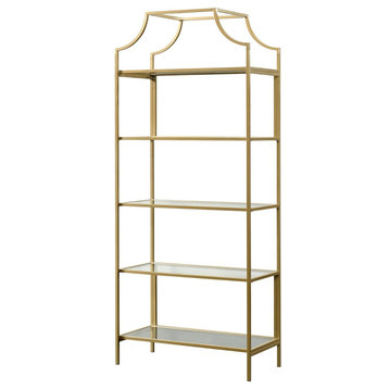 Modern Bookcase, Metal Construction With 5 Open Tempered Glass Shelves, Gold