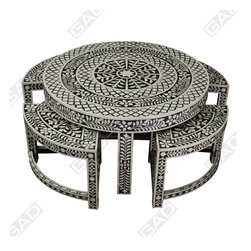 BONE INLAY COFFEE TABLE WITH STOOL -BONE INLAY COFFEE TABLE - Furniture
