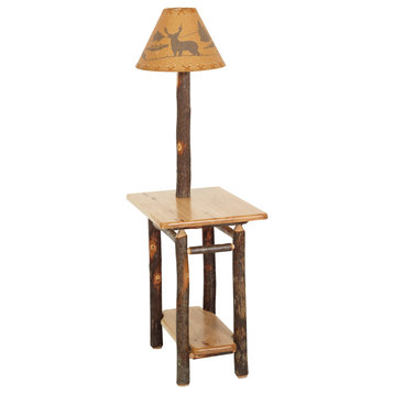 Hickory Log End Table with Lamp, All Hickory