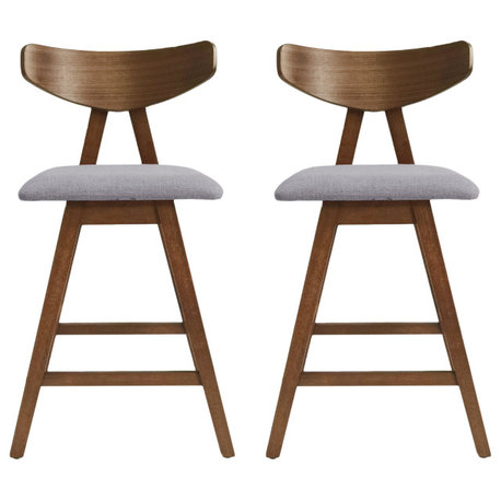 Sunapee Fabric Upholstered Wood Counter Stools, Set of 2, Dark Gray + Natural Walnut