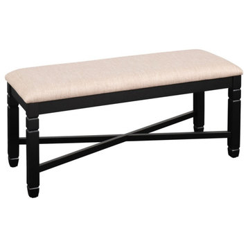 Fabric Dining Bench With Turned Legs And X Shaped Support, Beige And Black
