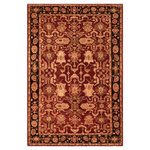 Bareens Designer Rugs - Bohemien Ziegler Lyla Red Black Hand-Knotted Wool Rug - 6'0'' x 9'0'' - Enhance the ambiance of your home with this magnificent Persian-influenced Turkish hand-knotted rug made by skilled artisans capable of creating the most exceptional vegetable dyes and hand-spun wool. This exquisite handmade rug is a one-of-a-kind Peshawar Kafkaz, otherwise identified as Chobi, Chobi Peshawar, Oushak, or Ziegler rug. These handmade rugs are crafted in Pakistan utilizing superior-quality wool imported from Australia, New Zealand, and Korea in two types of weaves: the Persian weave and the Mori weave. This rug is meticulously crafted by hand using the finest natural vegetable dyes extracted from local plants. The artisans use a blend of hand-spun local and fine merino wool, resulting in a rug with a compelling texture, higher lanolin content, and longer staple. The artisans occasionally incorporate natural or artificial silk into the pile to enhance specific motifs. The finished product is an awe-inspiring execution of flawless design and an understated palette that exudes elegance.