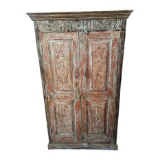 Mogulinterior - Consigned Antique Indian Armoire Beautiful Floral HandCarving Cabinet DoubleDoor - Armoires and Wardrobes