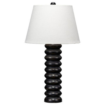 Thick Ribbed Black Wood Tall Cylinder Table Lamp 30 in Distressed Column Carved