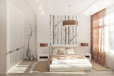 Mid-sized contemporary bedroom in Miami with white walls and medium hardwood floors.