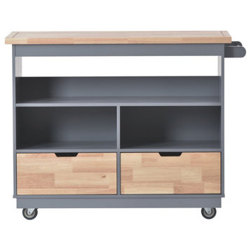 Modern Kitchen Cart, Drawers & Multiple Shelves With Thick Natural Top, Gray