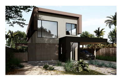 Mid-sized contemporary two-storey house exterior in Geelong with wood siding, a flat roof, a metal roof and a brown roof.