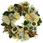 Creative Displays - 28" Fall Wreath with Sunflowers, Hydrangeas and Thistle - Invite the captivating beauty of the outdoors right into your home or office with the 26" Fall Wreath! Our handcrafted wreath is made with love and care in the USA and features green hydrangeas, coral thistle, magnolia leaves, and bows that are sure to spark joy and energize any space. Whether you're looking to add a touch of nature to your home or liven up your office, this wreath makes the perfect décor statement for any space. Plus, since it is made from high quality and durable materials, there is no need to worry about watering and maintenance. It's the perfect gift too, so make someone special happy and give them a piece of nature that they can proudly display. Get your 26" Fall Wreath today for a classic and timeless design that will last for seasons to come!
