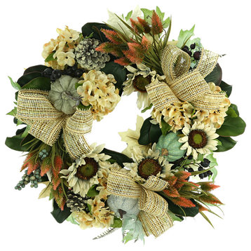28" Fall Wreath with Sunflowers, Hydrangeas and Thistle