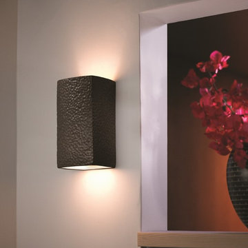Ambiance Small Rectangle Wall Sconce, Open Top and Bottom, Hammered Iron in Hall