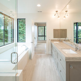 Foto di una grande stanza da bagno padronale minimalista con ante in stile shaker, ante grigie, vasca da incasso, doccia a filo pavimento, piastrelle beige, pareti bianche, lavabo sottopiano e top in onice