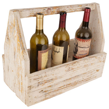 Farmhouse Wooden Market Box With Handle, Wine Caddy, Shabby White