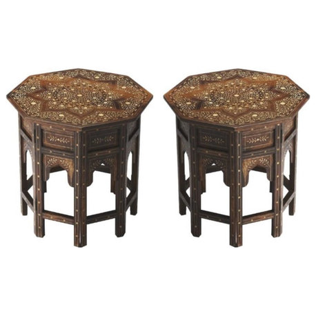 Home Square Wood and Bone Inlay End Table in Medium Brown - Set of 2