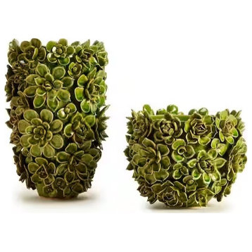 Two's Company Succulents Ceramic Green Vases, Set of 2