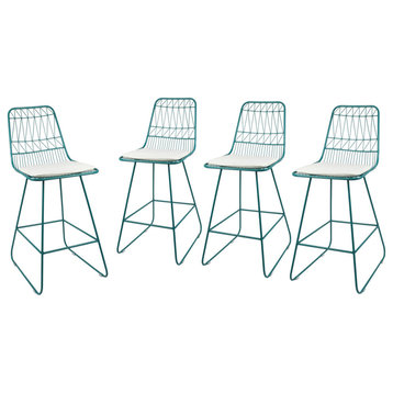 Ella Outdoor Wire Counter Stools with Cushions, Set of 4, Teal Finish/Ivory