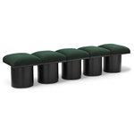 Meridian Furniture - Pavilion Black Boucle Fabric Bench, Green, Black Finish, 77.5" W X 18" D X 17.5" H - Bring valuable seating and remarkable style to your space with this green Pavilion Boucle Fabric Bench, an exquisite balance of style and usability for the entryway, bedroom, and beyond. Crafted from oak veneer with a black finish, this bench has a 4-inch-thick seat cushion that's channel-tufted for a touch of luxury. The bench's columnar bases add a dash of Art Deco design, making it a captivating focal point in any room.