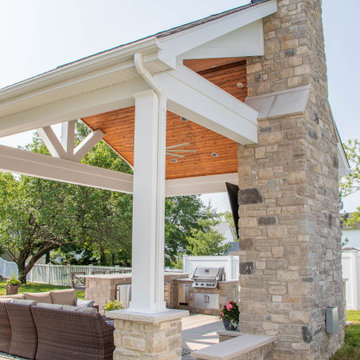 Open Gable Pool House with Fireplace and Grilling Area
