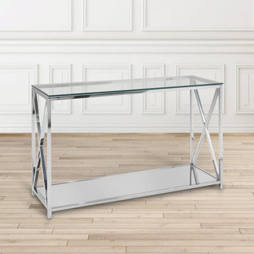 Modern Console Table, X-Side Stainless Steel Frame With Glass Top & Mirror Shelf