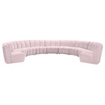 Meridian Furniture - Infinity Channel Tufted Velvet Modular Chair, Pink, 9 Piece - Create a seating group that works for every possible situation with this Infinity modular 9-piece sectional and other pieces in the Infinity collection. Upholstered in soft pink velvet material that feels great against the skin and offers long-wearing beauty, this piece fits with other Infinity items for an infinite number of combinations that get your seating requirements just right but that look just as nice when used on their own.