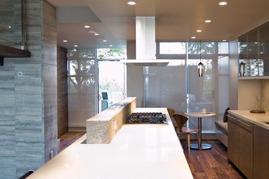 Example of a minimalist dark wood floor kitchen design in Vancouver with an undermount sink, glass-front cabinets, dark wood cabinets, quartz countertops, stone slab backsplash, paneled appliances and an island