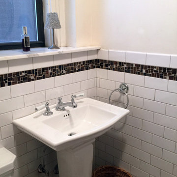 Guest Bath Subway Tile Walls with Glass Mosaic Accent Border