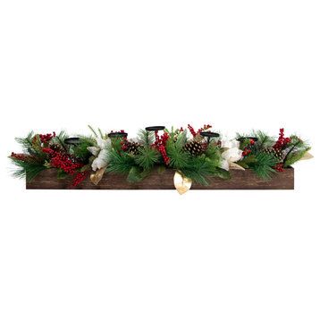 42" 5-Candle Holder Centerpiece With Pine, Berries and Gold Accents, Wooden Box