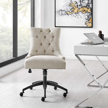 Modern Office Chair, Matte Black Base & Armless Padded Fabric Seat, Beige
