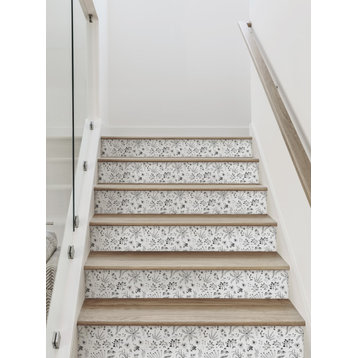 Plant Pattern Floral Peel and Stick Stair Riser Strips, Black & White, 48"w X 6"h, 6 Pack