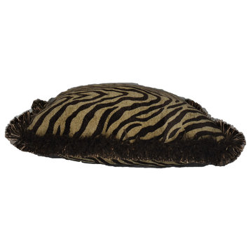 Brown And Gold Woven Chenille Fringed Zebra Throw Pillow, 14x21