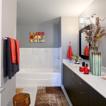 Orangy-Red Accents in Gray and White Bath