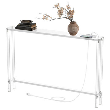 Modern Console Table, Acrylic Construction With Built In Charging Station, Clear