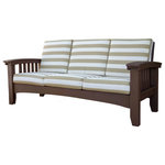 Hershy Way - Cypress Mission Sofa - Bring relaxation and classic style to your backyard with the Cypress Mission Sofa! Created in the USA by Amish craftsmen, it is made with durable cypress wood in a dark brown finish and assembled using stainless steel hardware. It includes slightly curved arms for added style as well as quality Sunbrella cushions on the seat and back for comfort and a lovely tan and white striped design. Make your yard or porch into a retreat full of relaxation, fun, and memories.